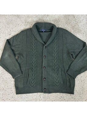 Men's Chunky Cable Knit Cardigan Sweater Green Shawl Collar Size XL